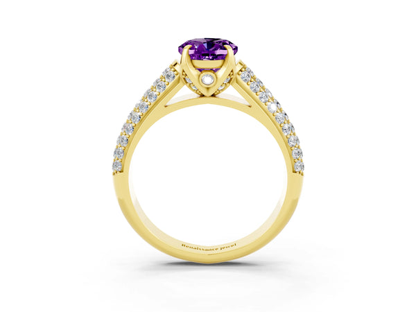Yellow gold Oval Cut Amethyst Solitaire Ring with Three-Row Pavé Band and Four-Prong Setting