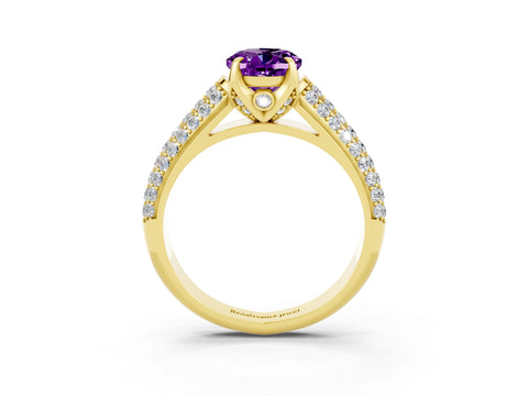 Yellow gold Oval Cut Amethyst Solitaire Ring with Three-Row Pavé Band and Four-Prong Setting_15