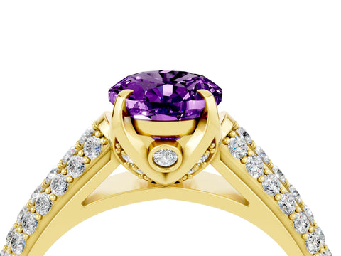 Yellow gold Oval Cut Amethyst Solitaire Ring with Three-Row Pavé Band and Four-Prong Setting_16