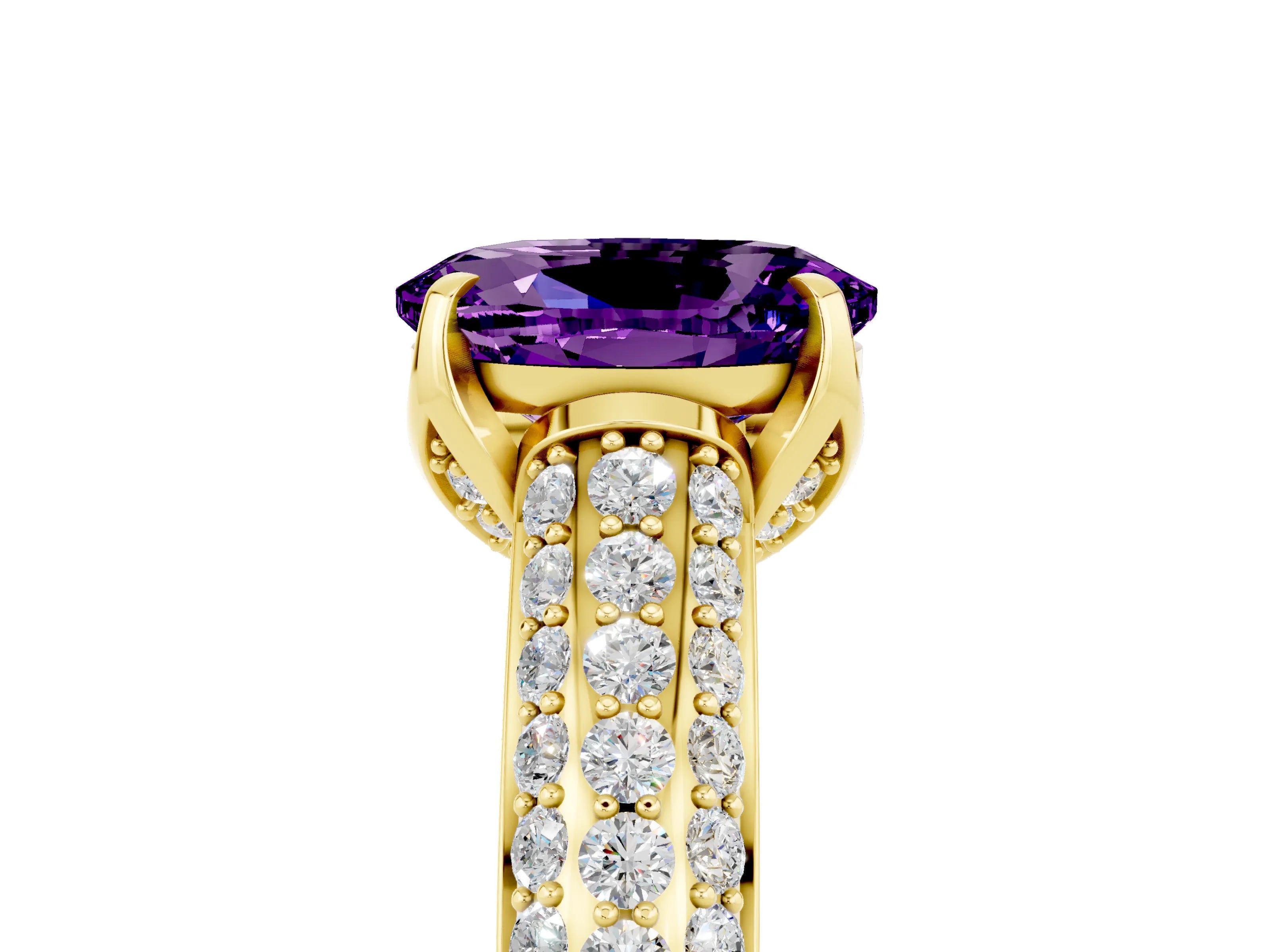 Yellow gold Oval Cut Amethyst Solitaire Ring with Three-Row Pavé Band and Four-Prong Setting_17