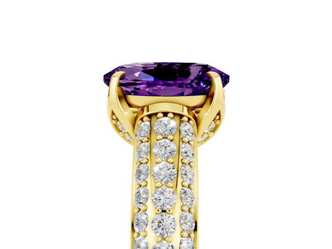 Yellow gold Oval Cut Amethyst Solitaire Ring with Three-Row Pavé Band and Four-Prong Setting_17