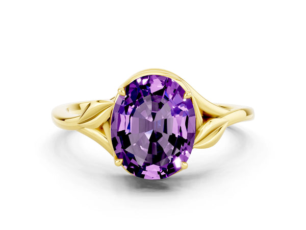 Yellow gold Oval Cut Amethyst Solitaire Ring with Twist Band and Four-Prong Setting