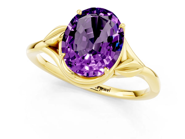 Yellow gold Oval Cut Amethyst Solitaire Ring with Twist Band and Four-Prong Setting