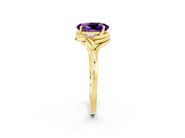 Yellow gold Oval Cut Amethyst Solitaire Ring with Twist Band and Four-Prong Setting
