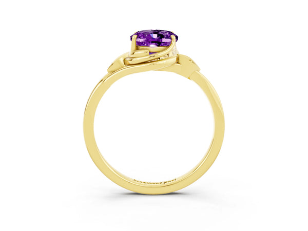 Yellow gold Oval Cut Amethyst Solitaire Ring with Twist Band and Four-Prong Setting