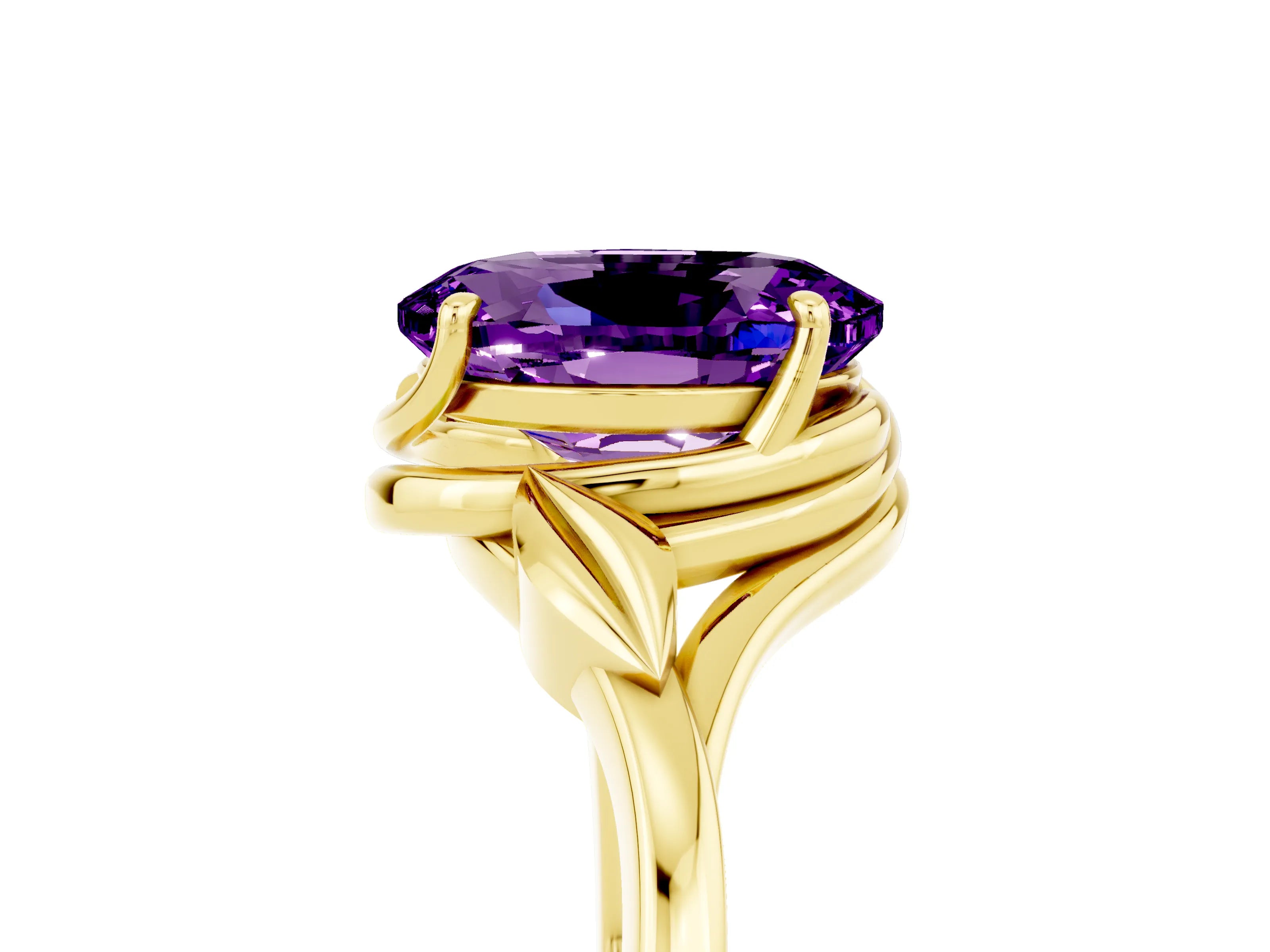 Yellow gold Oval Cut Amethyst Solitaire Ring with Twist Band and Four-Prong Setting_29