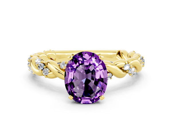 Yellow gold Oval Cut Amethyst Solitaire Ring with Twisted Band and Pavé Accents