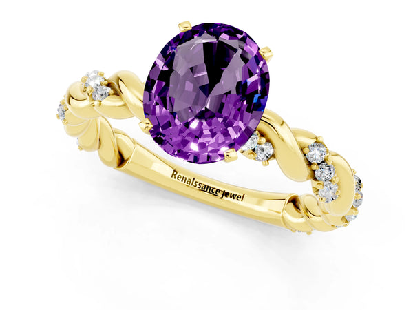 Yellow gold Oval Cut Amethyst Solitaire Ring with Twisted Band and Pavé Accents
