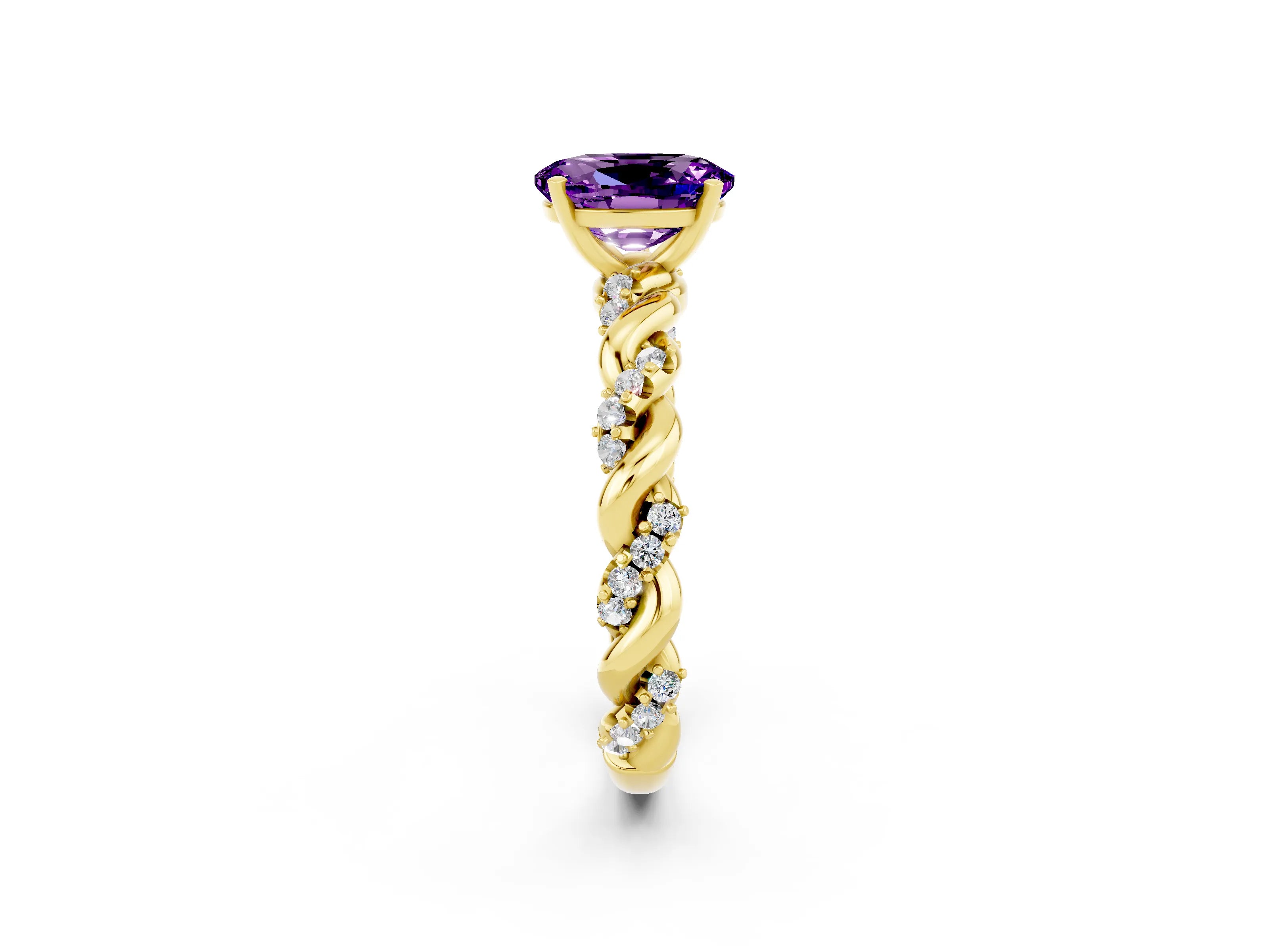 Yellow gold Oval Cut Amethyst Solitaire Ring with Twisted Band and Pavé Accents_2
