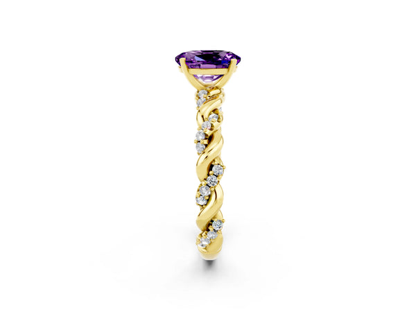 Yellow gold Oval Cut Amethyst Solitaire Ring with Twisted Band and Pavé Accents
