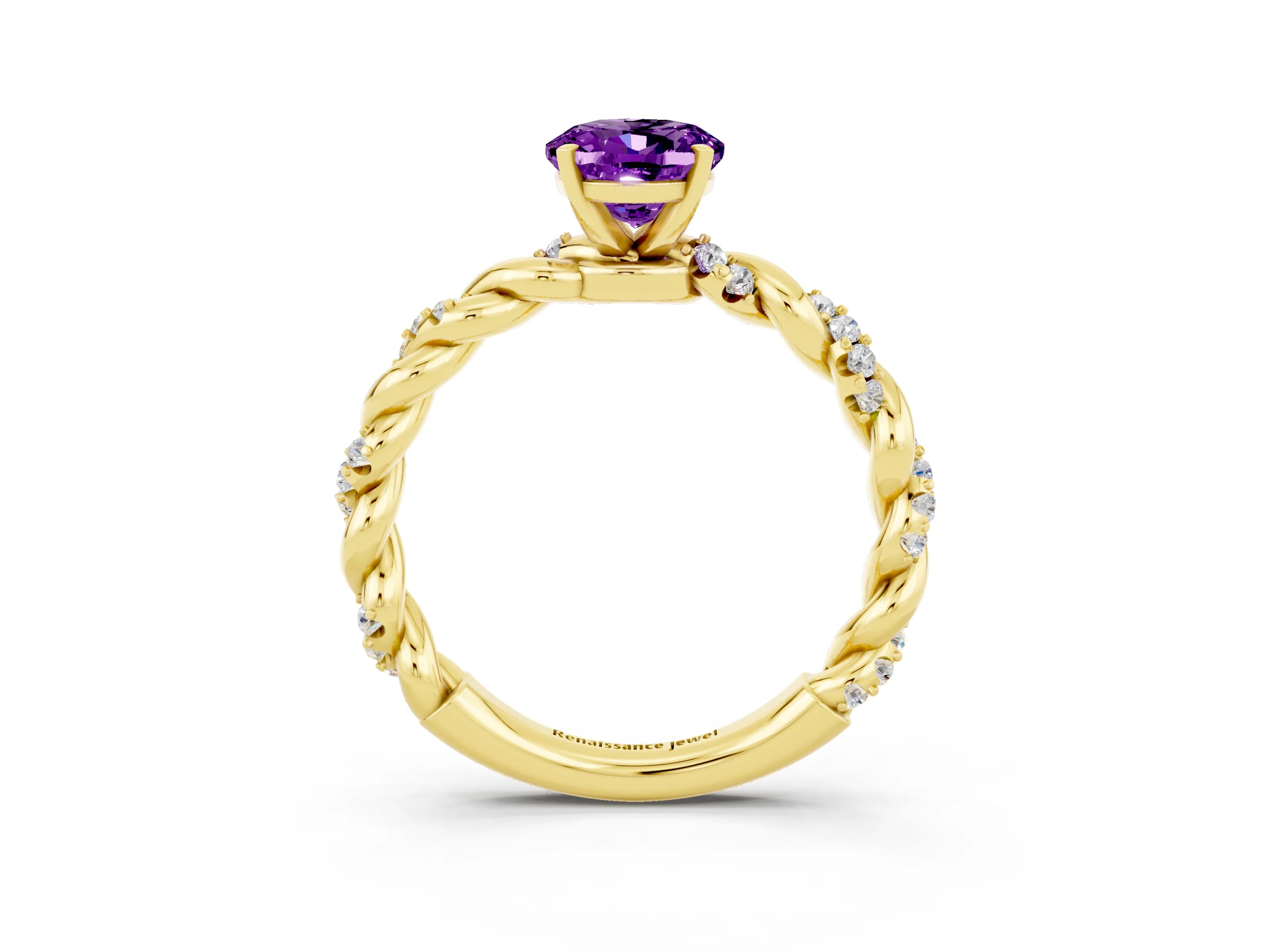 Yellow gold Oval Cut Amethyst Solitaire Ring with Twisted Band and Pavé Accents_3