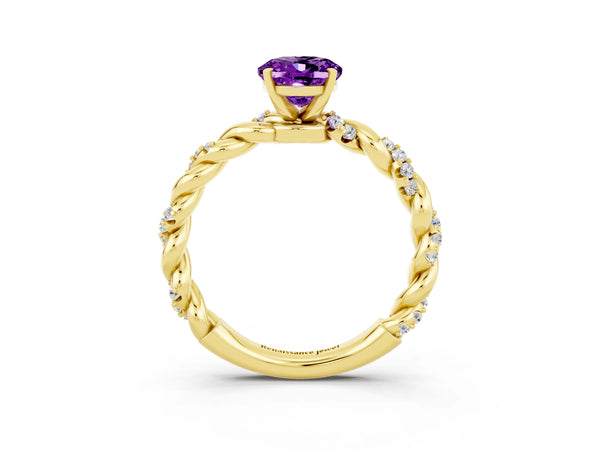 Yellow gold Oval Cut Amethyst Solitaire Ring with Twisted Band and Pavé Accents