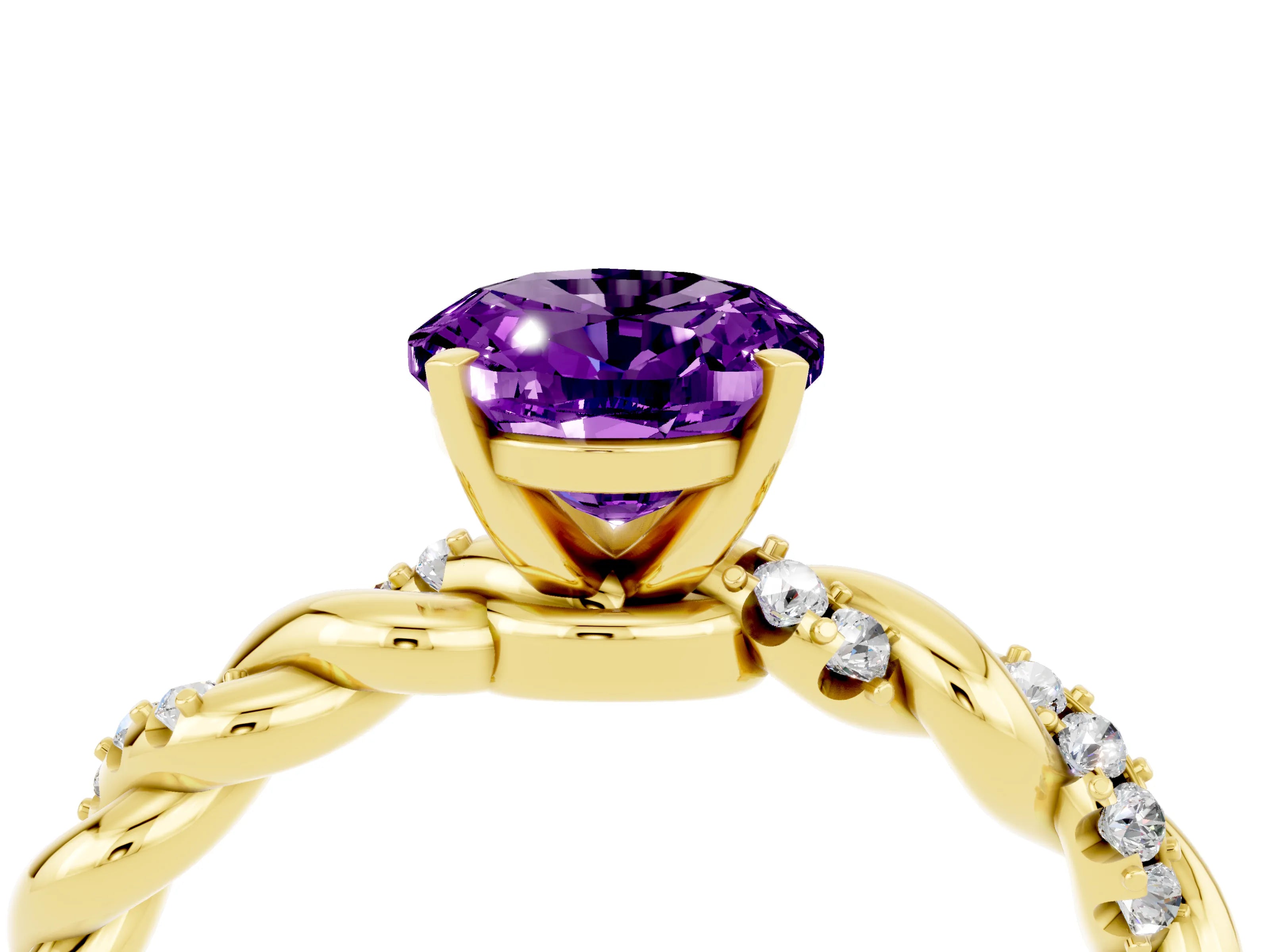 Yellow gold Oval Cut Amethyst Solitaire Ring with Twisted Band and Pavé Accents_4
