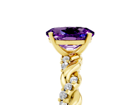 Yellow gold Oval Cut Amethyst Solitaire Ring with Twisted Band and Pavé Accents_5