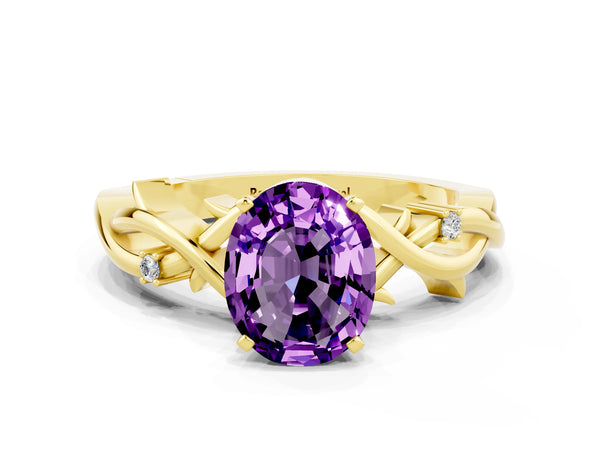 Yellow gold Oval Cut Amethyst Solitaire Ring with Twisted Band and Prong Setting