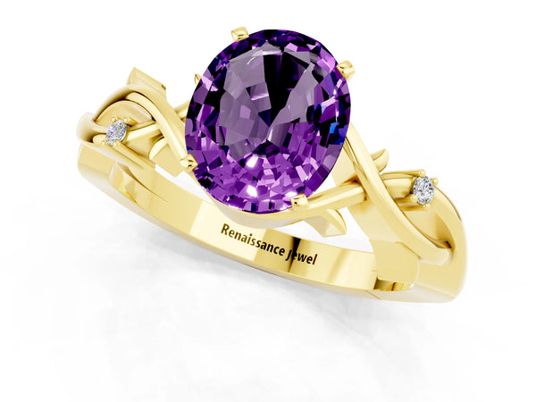 Yellow gold Oval Cut Amethyst Solitaire Ring with Twisted Band and Prong Setting