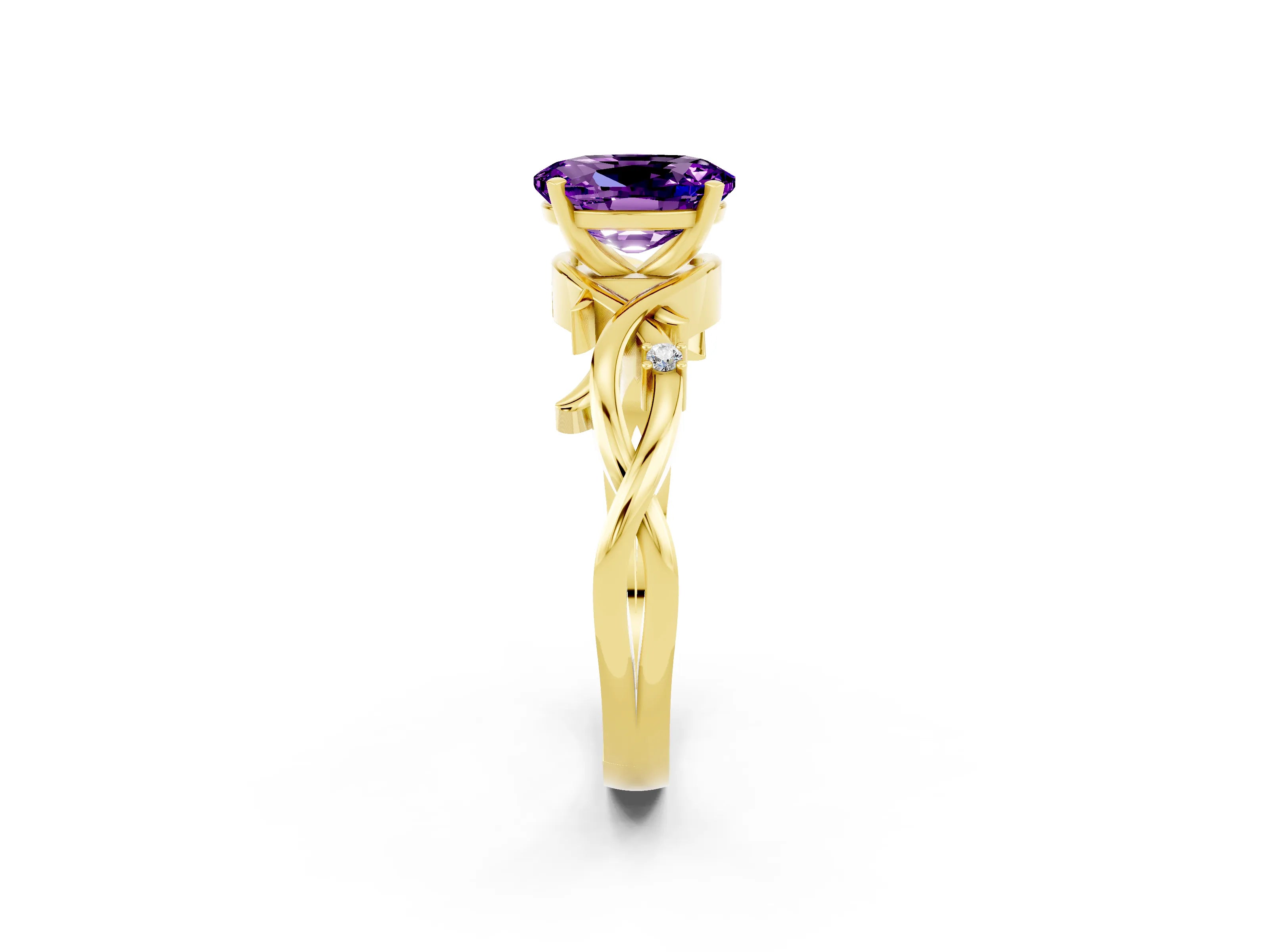 Yellow gold Oval Cut Amethyst Solitaire Ring with Twisted Band and Prong Setting_2