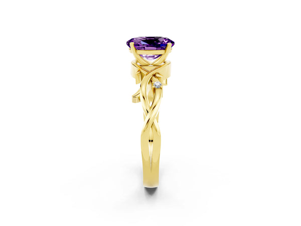 Yellow gold Oval Cut Amethyst Solitaire Ring with Twisted Band and Prong Setting