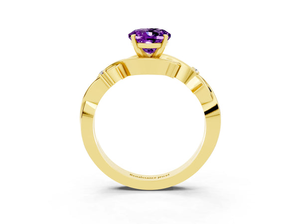 Yellow gold Oval Cut Amethyst Solitaire Ring with Twisted Band and Prong Setting