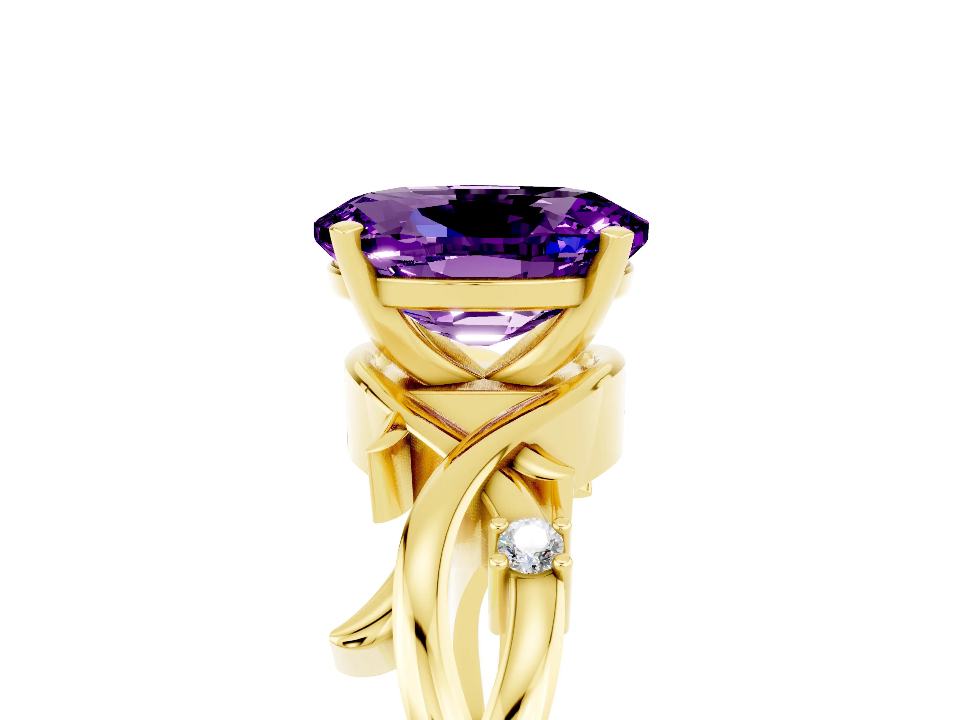 Yellow gold Oval Cut Amethyst Solitaire Ring with Twisted Band and Prong Setting_5