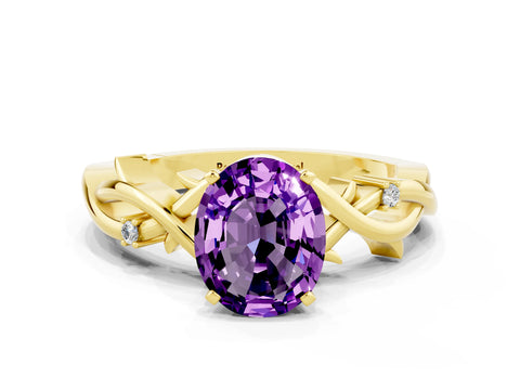 Yellow gold Oval Cut Amethyst Solitaire Ring with Twisted Band and Prong Setting