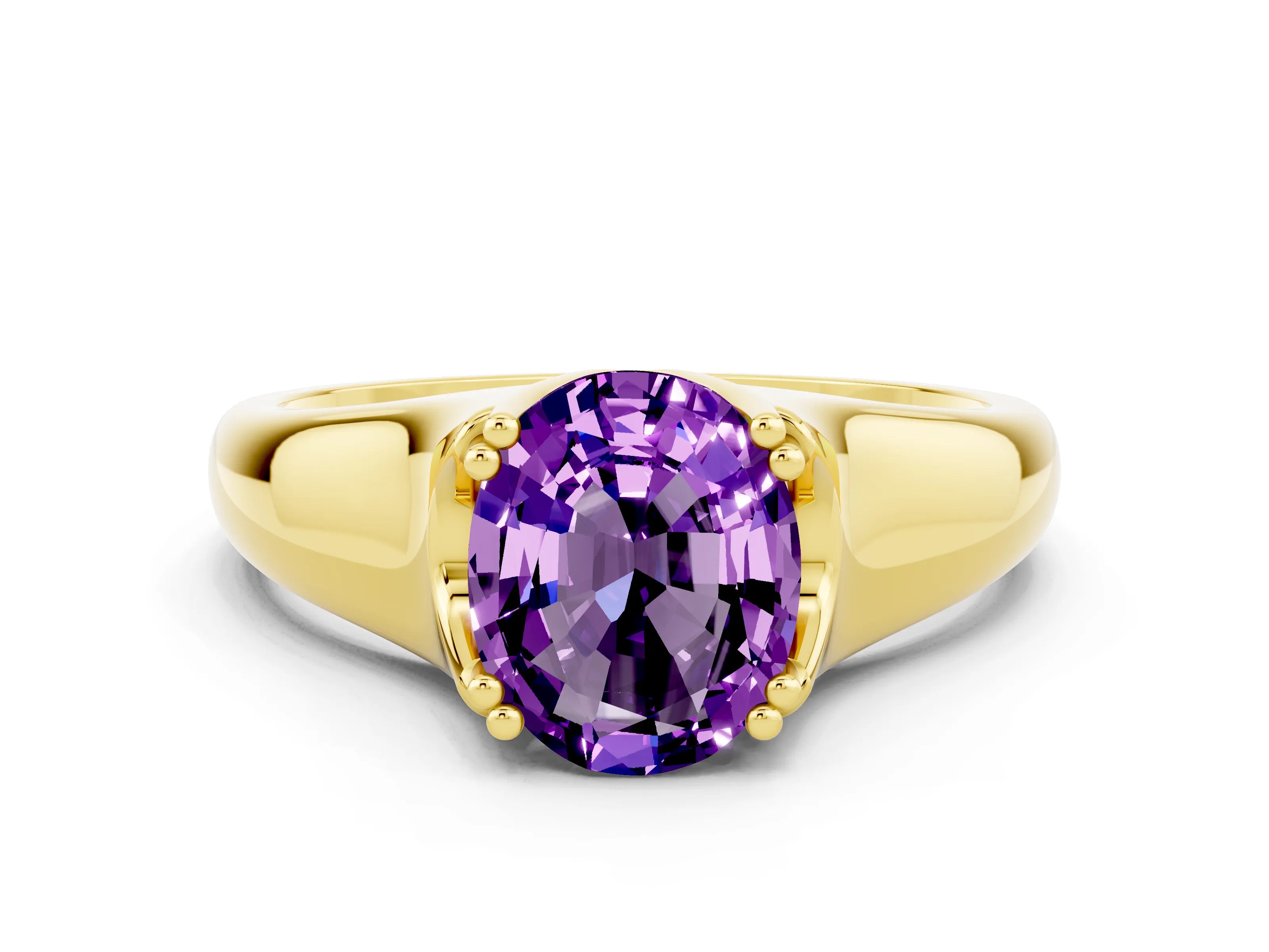 Yellow gold Oval Cut Amethyst Solitaire Ring with Wide Band and Prong Setting