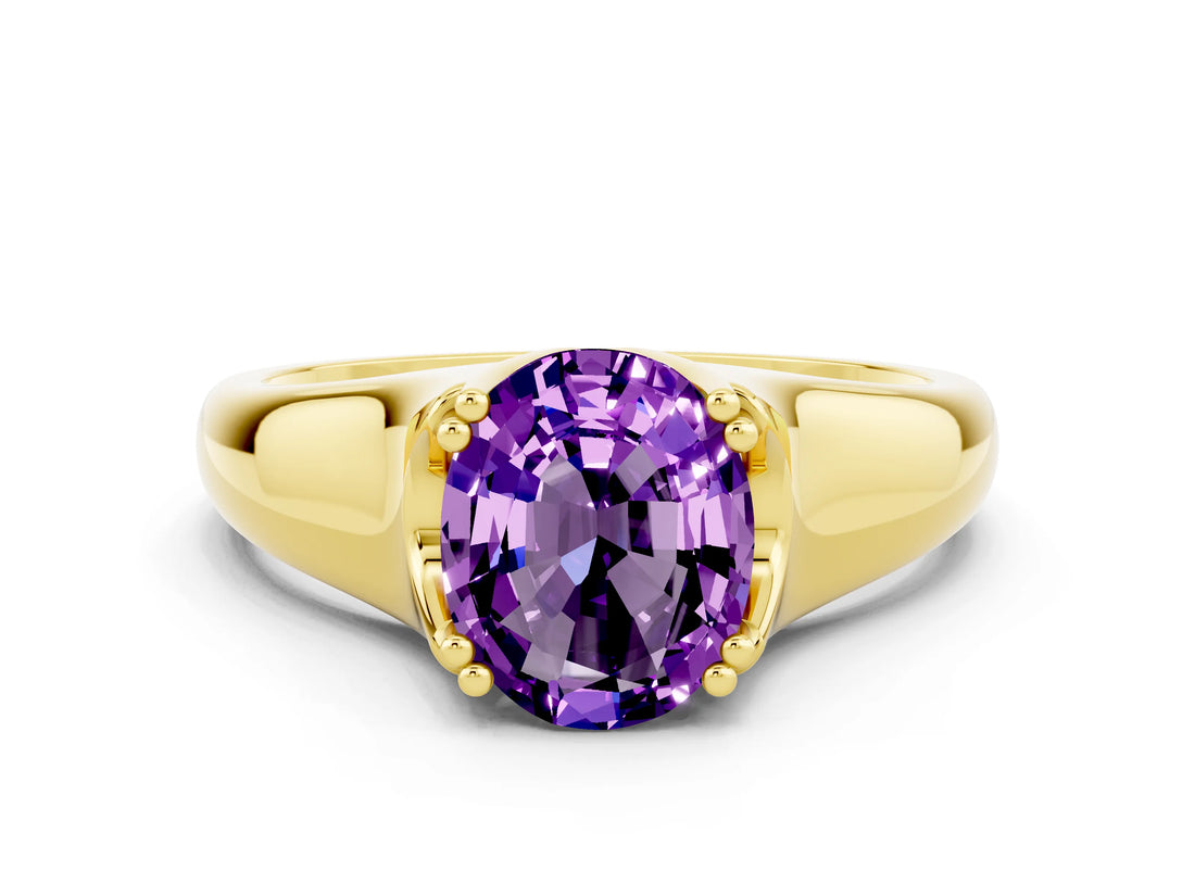 Yellow gold Oval Cut Amethyst Solitaire Ring with Wide Band and Prong Setting