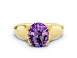 Yellow gold Oval Cut Amethyst Solitaire Ring with Wide Band and Prong Setting