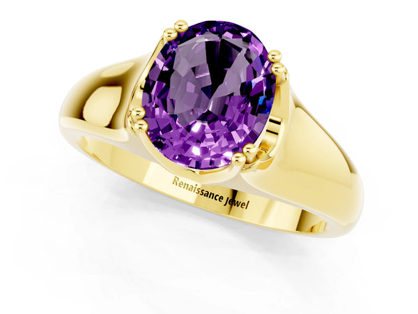 Yellow gold Oval Cut Amethyst Solitaire Ring with Wide Band and Prong Setting