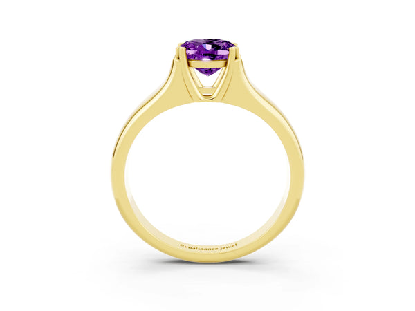 Yellow gold Oval Cut Amethyst Solitaire Ring with Wide Band and Prong Setting