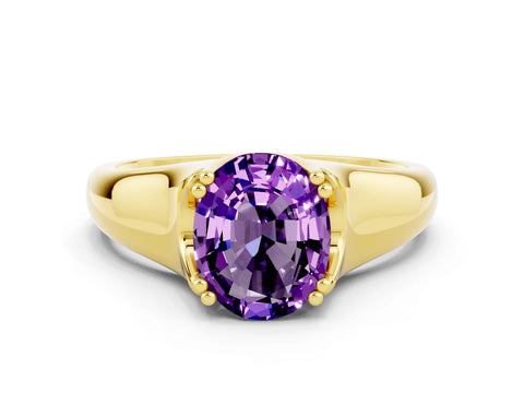 Yellow gold Oval Cut Amethyst Solitaire Ring with Wide Band and Prong Setting