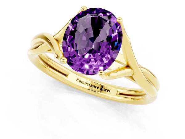 Yellow gold Oval Cut Amethyst Solitaire Twist Band Prong Setting Ring