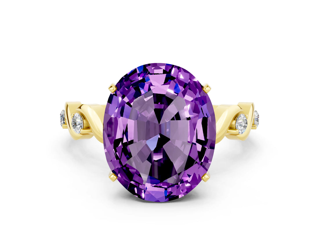 Yellow gold Oval Cut Amethyst Solitaire Twisted Band with Round  Accents and Prong Setting_12