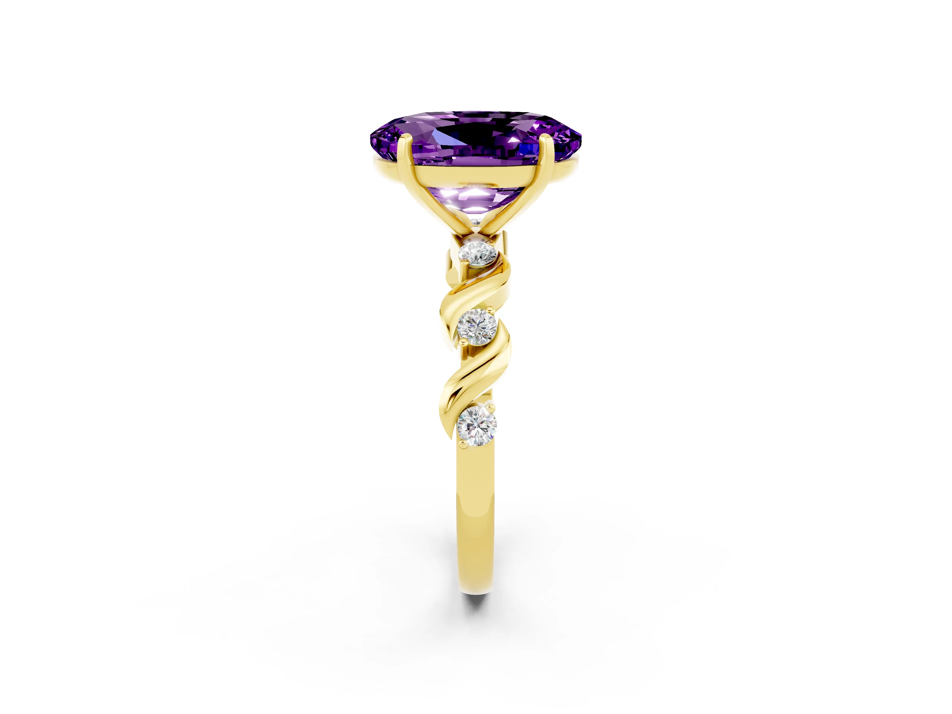 Yellow gold Oval Cut Amethyst Solitaire Twisted Band with Round  Accents and Prong Setting_14