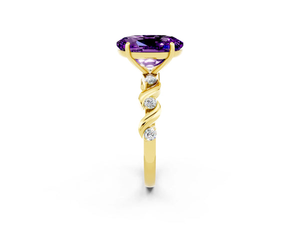 Yellow gold Oval Cut Amethyst Solitaire Twisted Band with Round  Accents and Prong Setting
