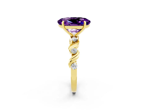 Yellow gold Oval Cut Amethyst Solitaire Twisted Band with Round  Accents and Prong Setting_14