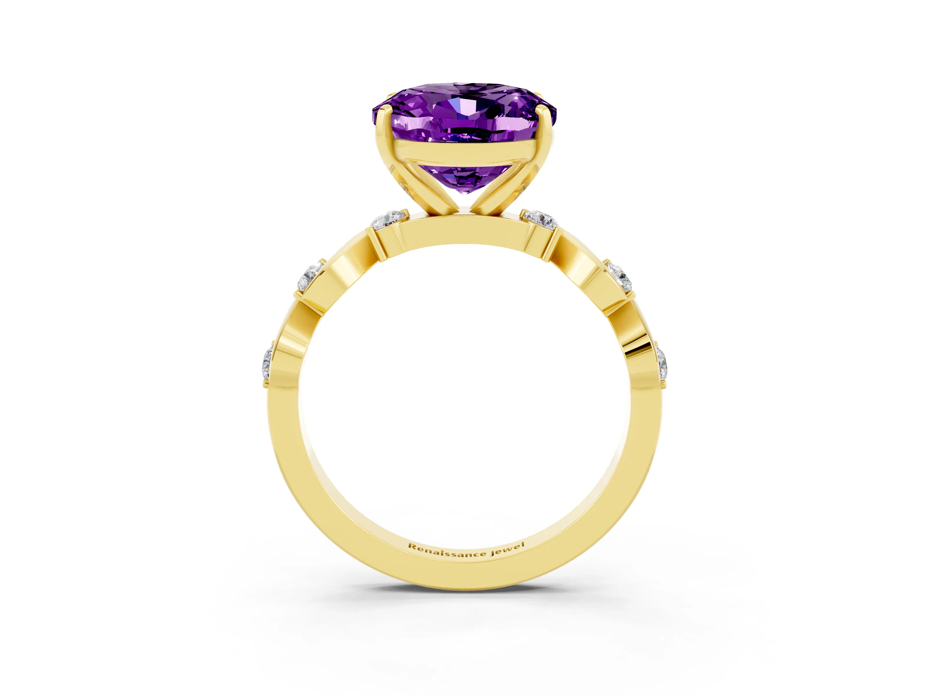Yellow gold Oval Cut Amethyst Solitaire Twisted Band with Round  Accents and Prong Setting_15