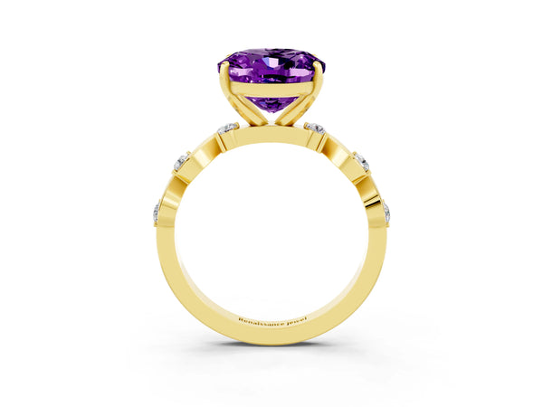 Yellow gold Oval Cut Amethyst Solitaire Twisted Band with Round  Accents and Prong Setting