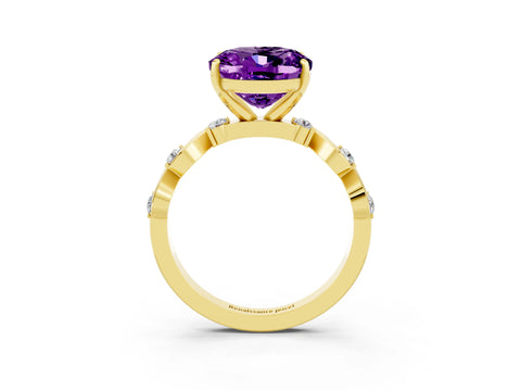 Yellow gold Oval Cut Amethyst Solitaire Twisted Band with Round  Accents and Prong Setting_15