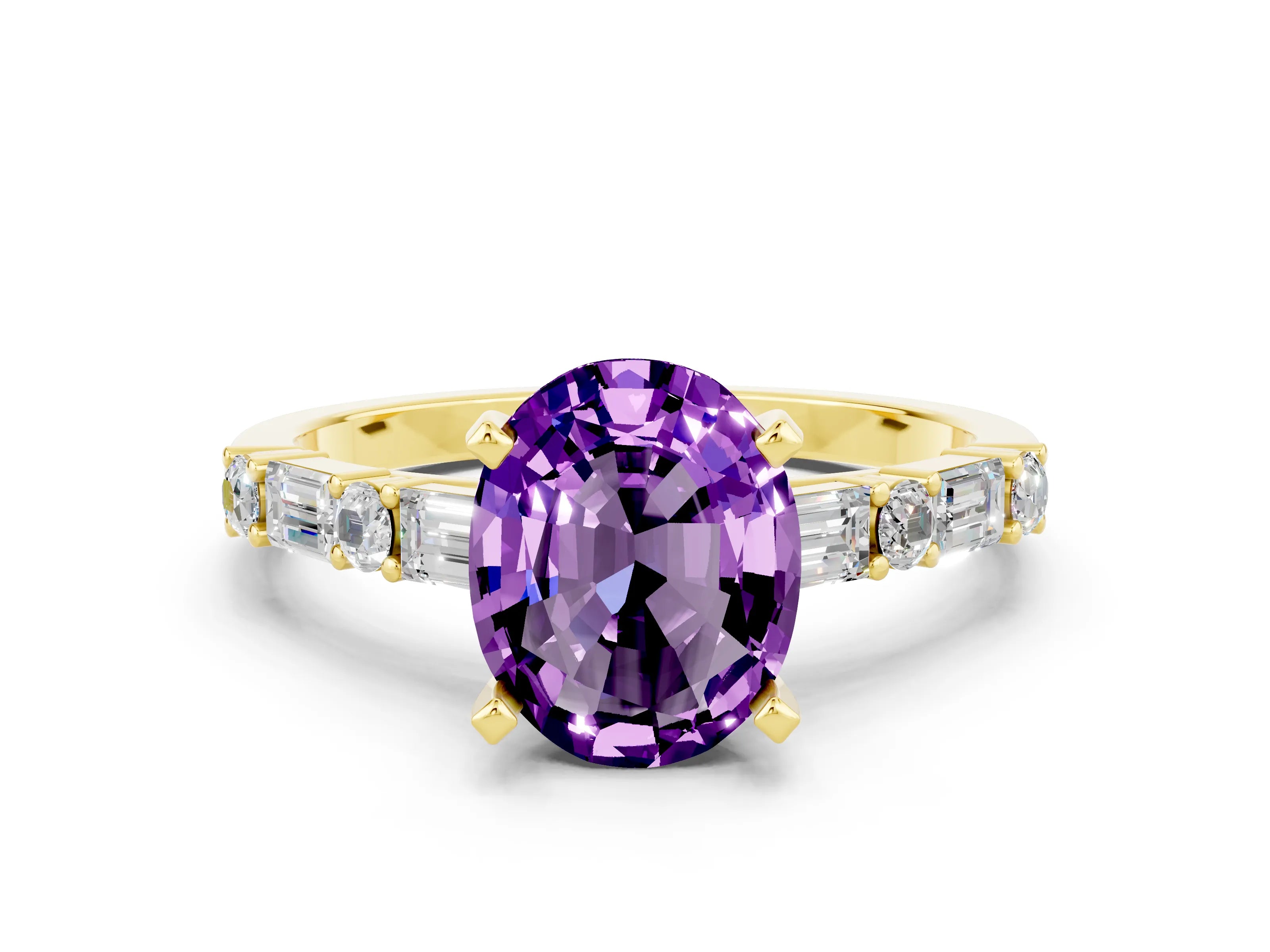 Yellow gold Oval Cut Amethyst Solitaire with Side Baguettes and Channel Set Band