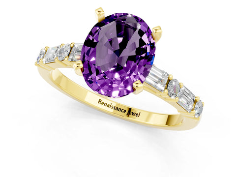 Yellow gold Oval Cut Amethyst Solitaire with Side Baguettes and Channel Set Band_1