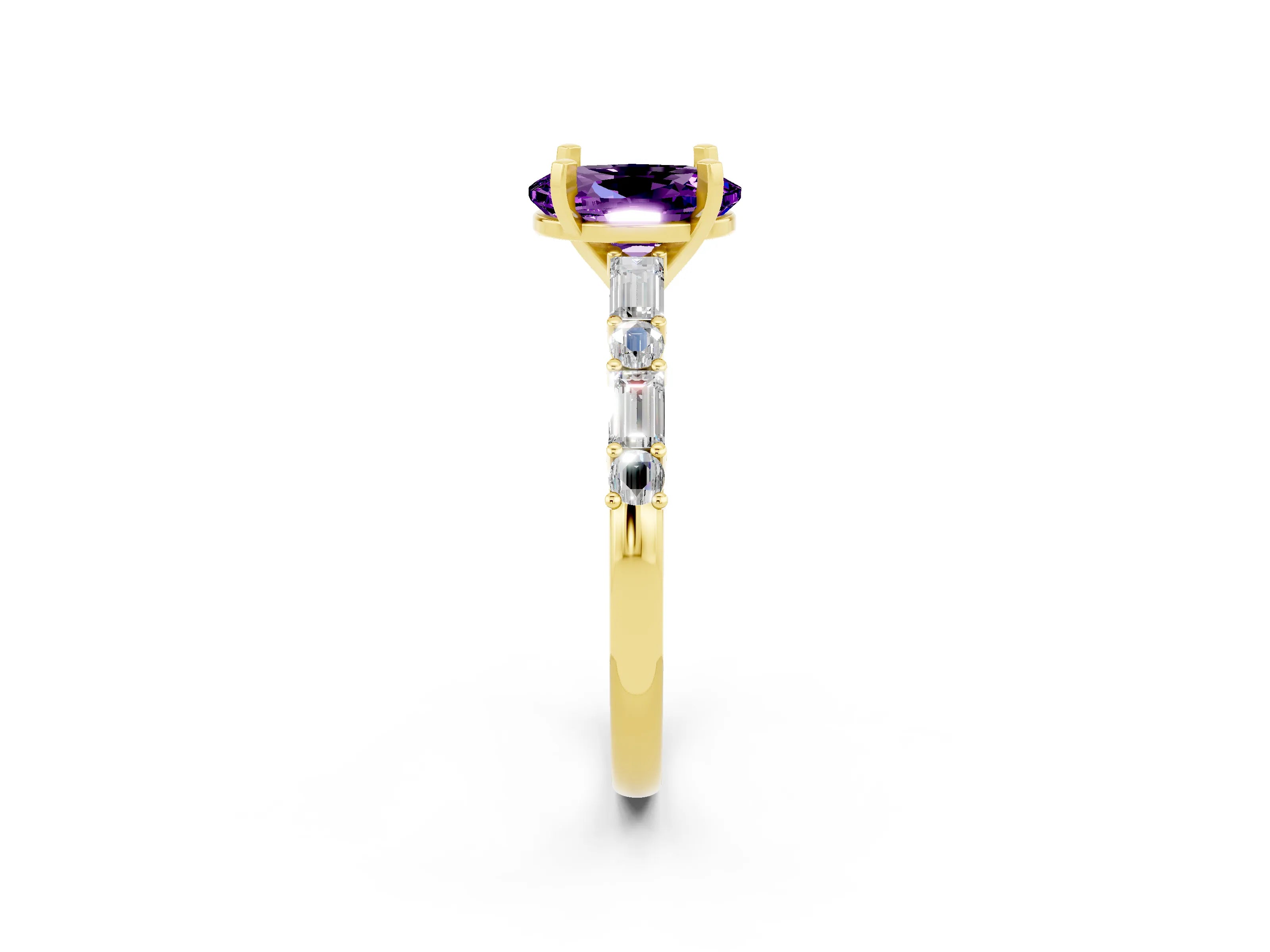 Yellow gold Oval Cut Amethyst Solitaire with Side Baguettes and Channel Set Band_2