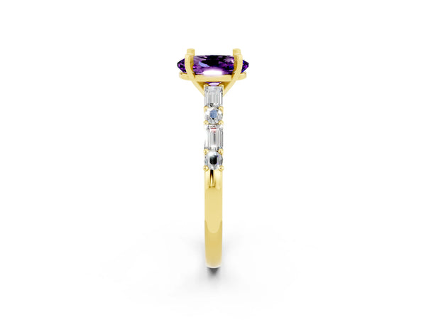 Yellow gold Oval Cut Amethyst Solitaire with Side Baguettes and Channel Set Band