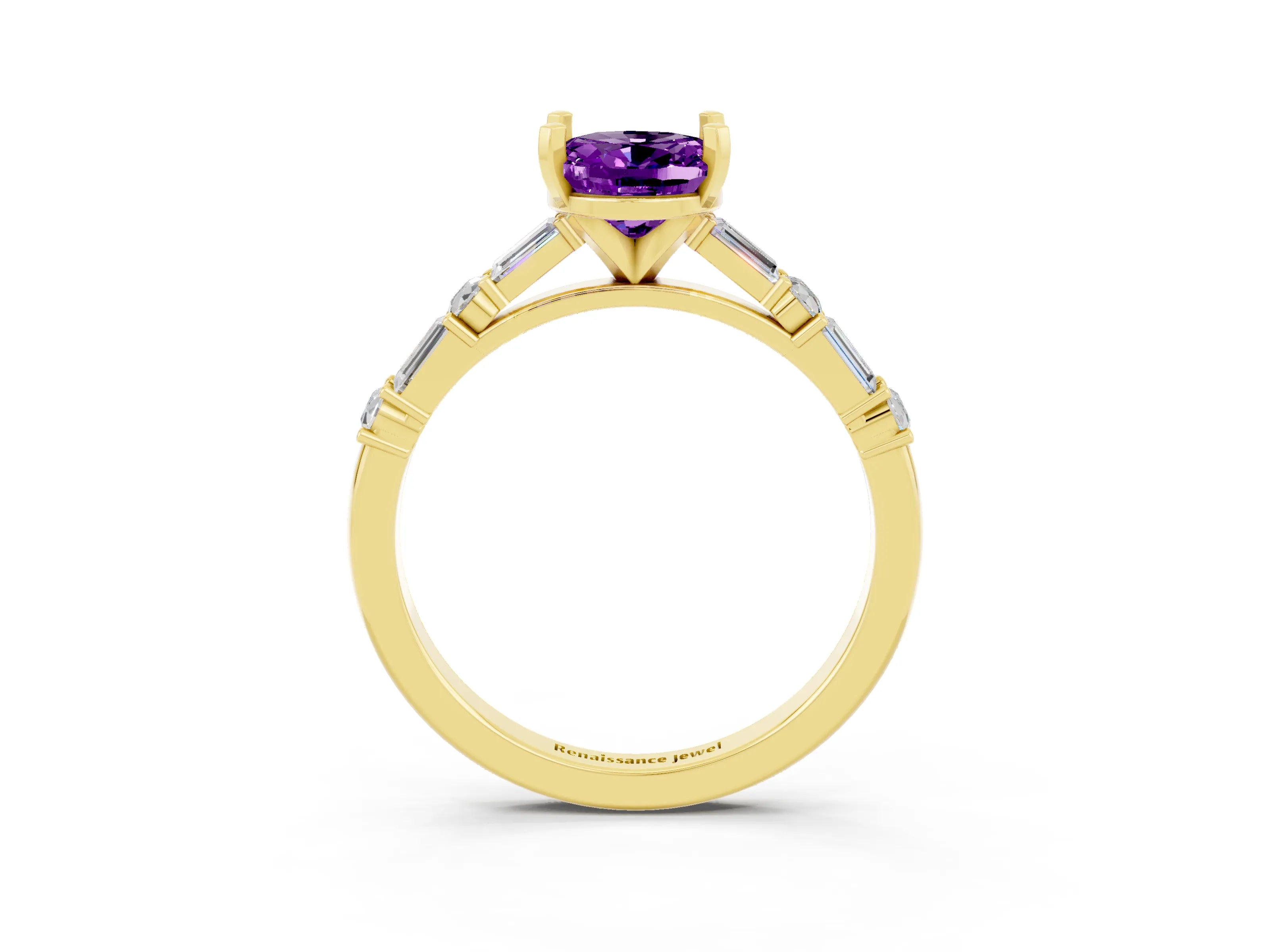 Yellow gold Oval Cut Amethyst Solitaire with Side Baguettes and Channel Set Band_3