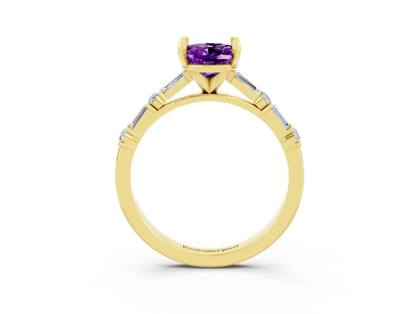 Yellow gold Oval Cut Amethyst Solitaire with Side Baguettes and Channel Set Band