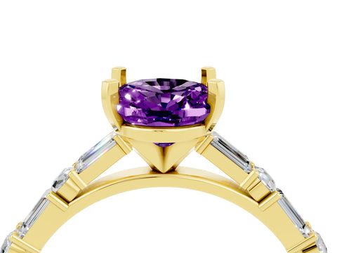 Yellow gold Oval Cut Amethyst Solitaire with Side Baguettes and Channel Set Band_4