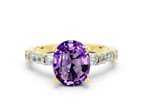 Yellow gold Oval Cut Amethyst Solitaire with Side Baguettes and Channel Set Band