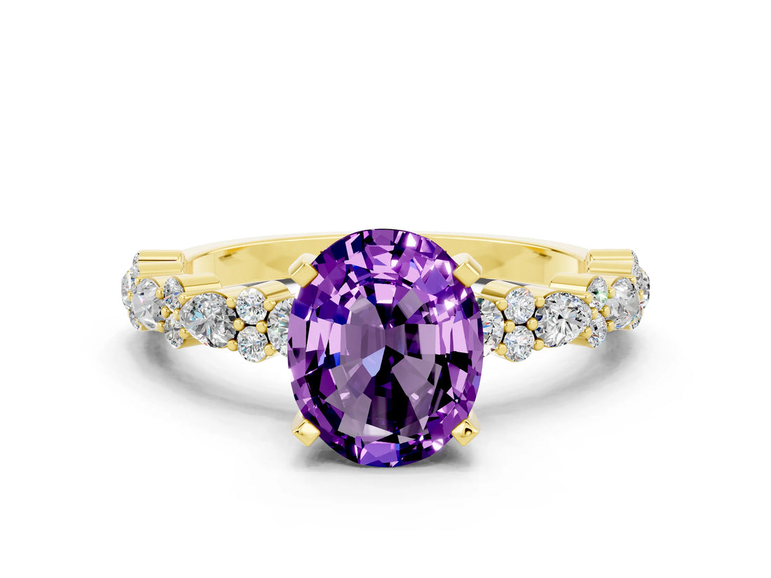 Yellow gold Oval Cut Amethyst Solitaire with Side Stones, Pave Band, Four-Prong Setting_36