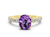 Yellow gold Oval Cut Amethyst Solitaire with Side Stones, Pave Band, Four-Prong Setting_36
