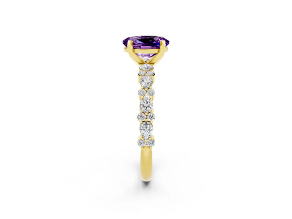 Yellow gold Oval Cut Amethyst Side Stone Solitaire Ring with Round  and Four-Prong Setting
